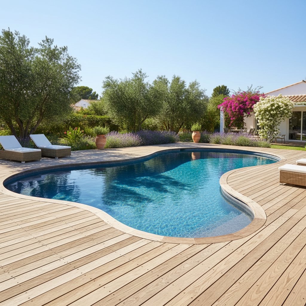 Piscine coque sur mesure Port Pin, forme libre, eau bleue, terrasse en bois, jardin méditerranéen