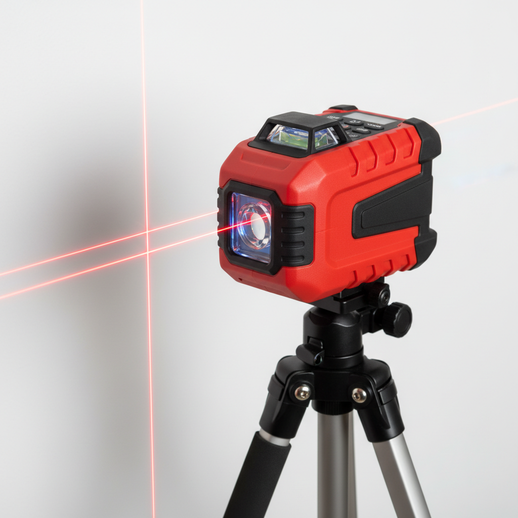 Laser level tool checking flatness of newly poured concrete pad for spa installation