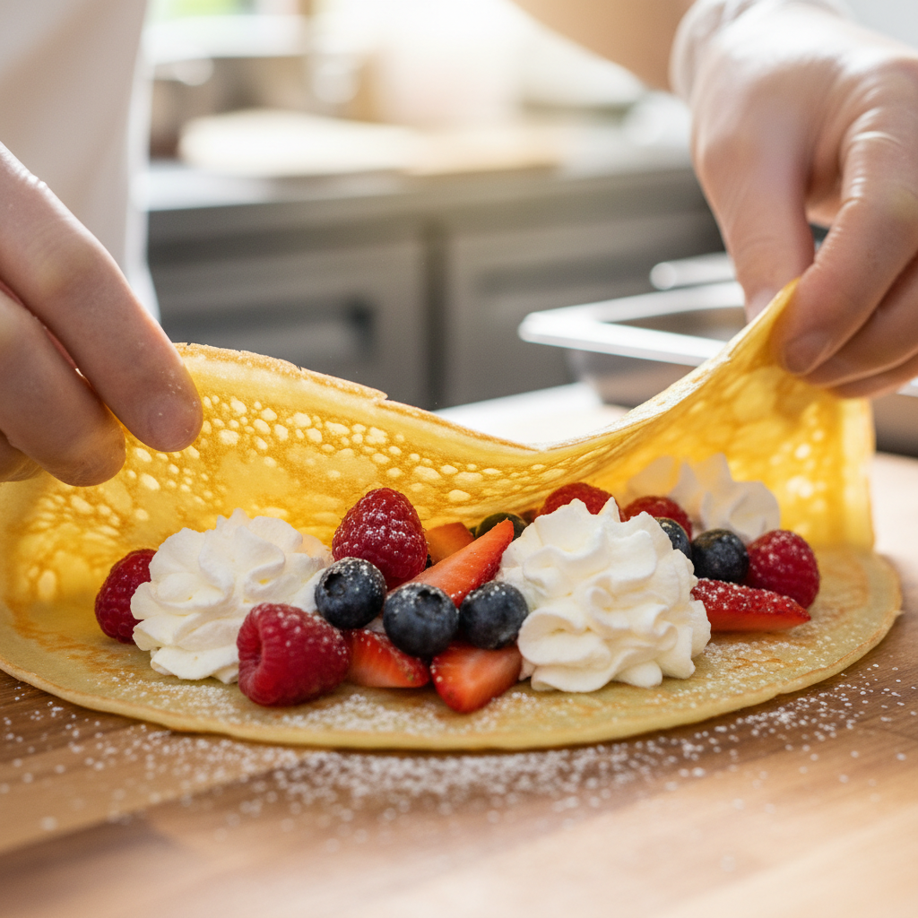 Made-to-order crêpe being folded with fresh berries and cream at the Feast crêpe station