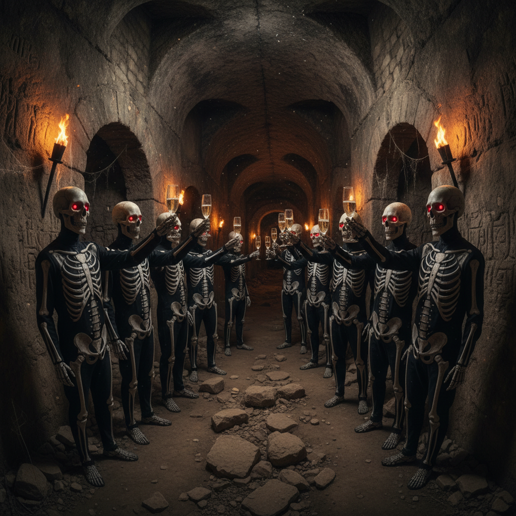 Corporate group in matching skeleton costumes raising champagne glasses in stone catacomb corridor