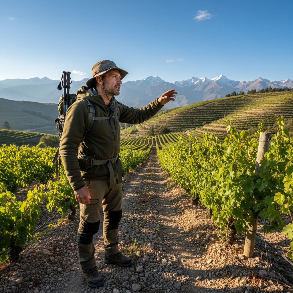 Argentine man trail guide in outdoor gear at high-altitude vineyard