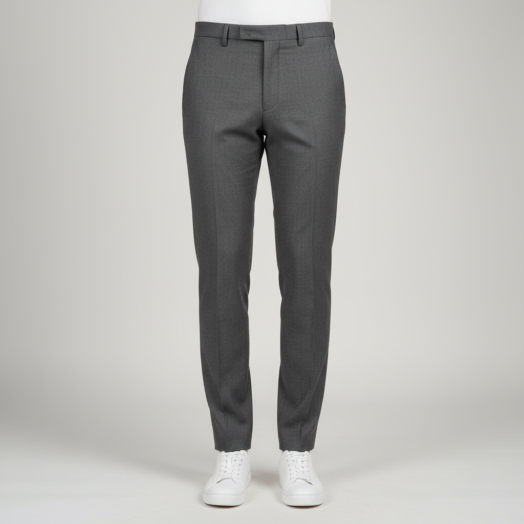 Slim track pants in charcoal grey, model posed in minimalist dark studio, clean fashion editorial
