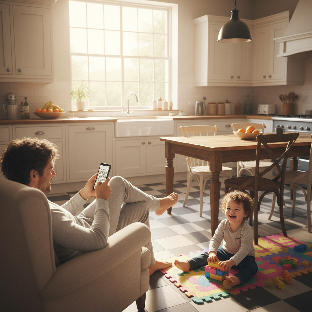 Parent relaxed in kitchen with toddler happily playing a word game on phone