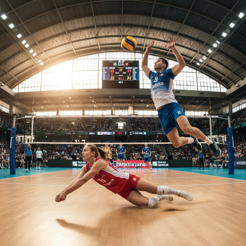 Volleyball athletes competing in a tournament showcase with college coaches watching from the sideline