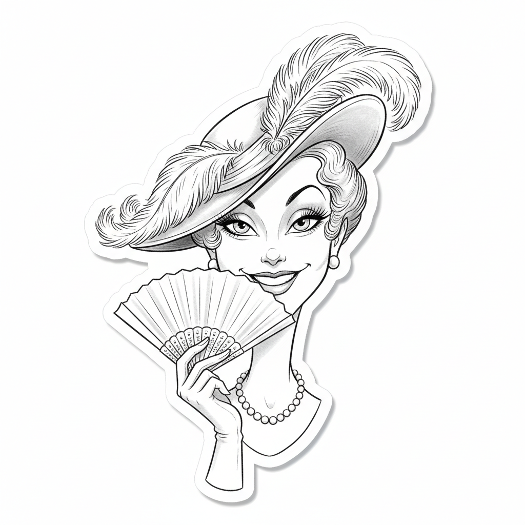 Caricature noir et blanc d'une femme, style crayon élégant sur papier d'art