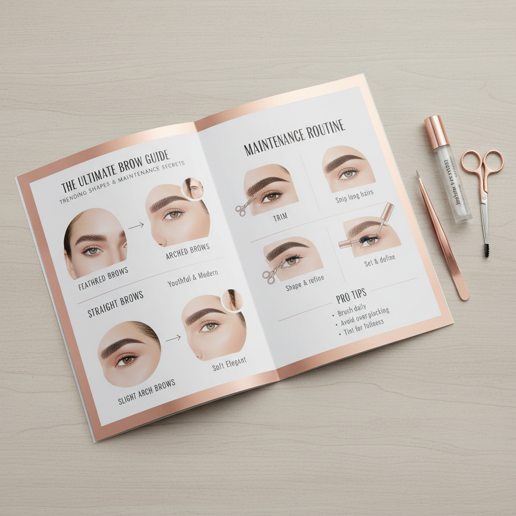 Eyebrow styling guide showing trending shapes and maintenance