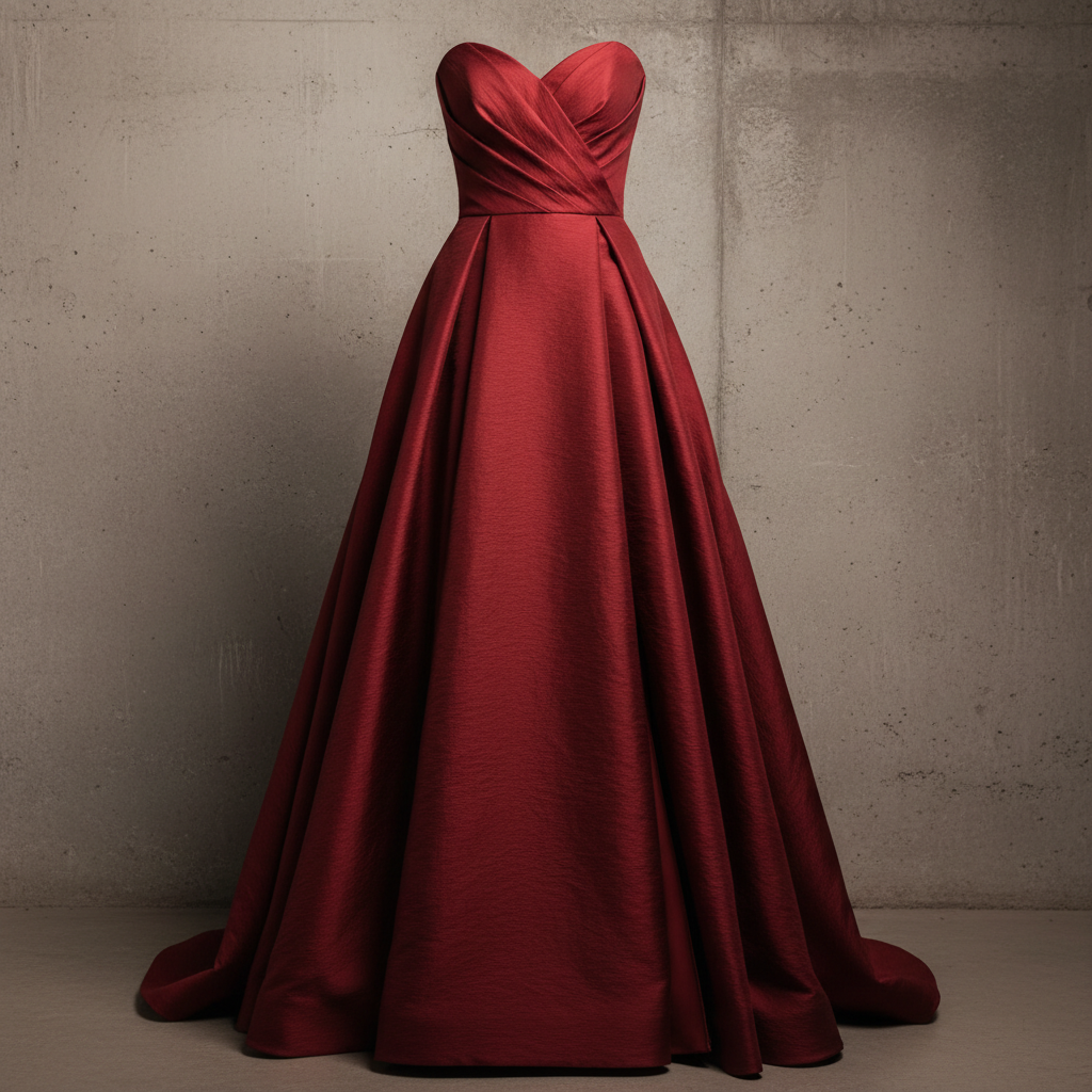 Structured bridesmaid dress in deep ruby, photographed collarbone to hem against raw concrete wall under tungsten spotlight