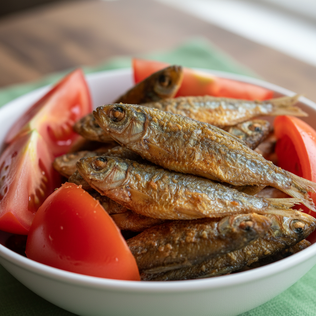 Fried silver cyprinid fish omena in bowl with tomatoes