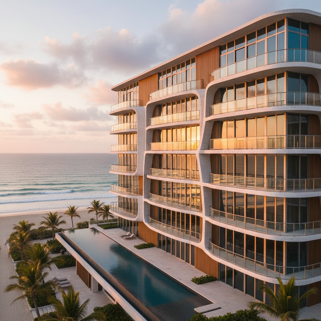 Luxury beachfront condo exterior shot at golden hour with warm light reflecting off floor-to-ceiling windows