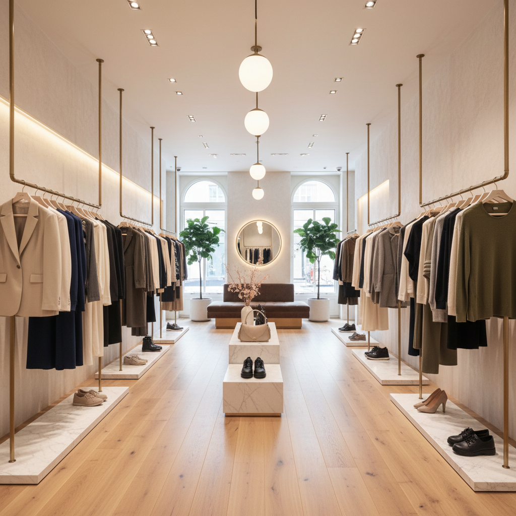 Empty high-end clothing boutique with warm lighting, wooden floors, and garments displayed on minimalist racks