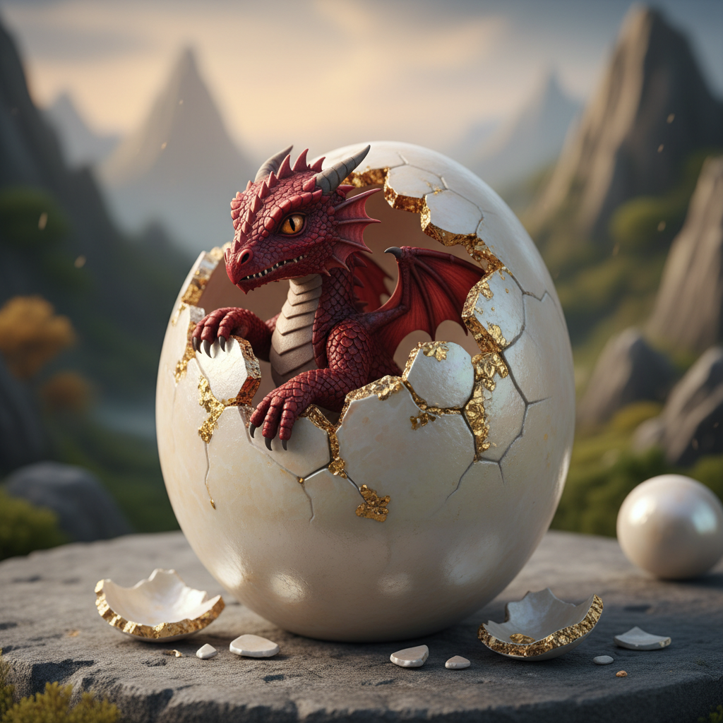Cracked dragon egg with glowing orange light bursting from within