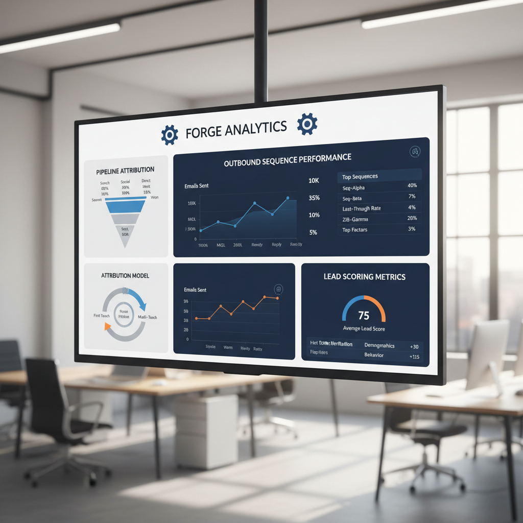 Forge Analytics growth dashboard showing pipeline attribution, outbound sequence performance, and lead scoring metrics