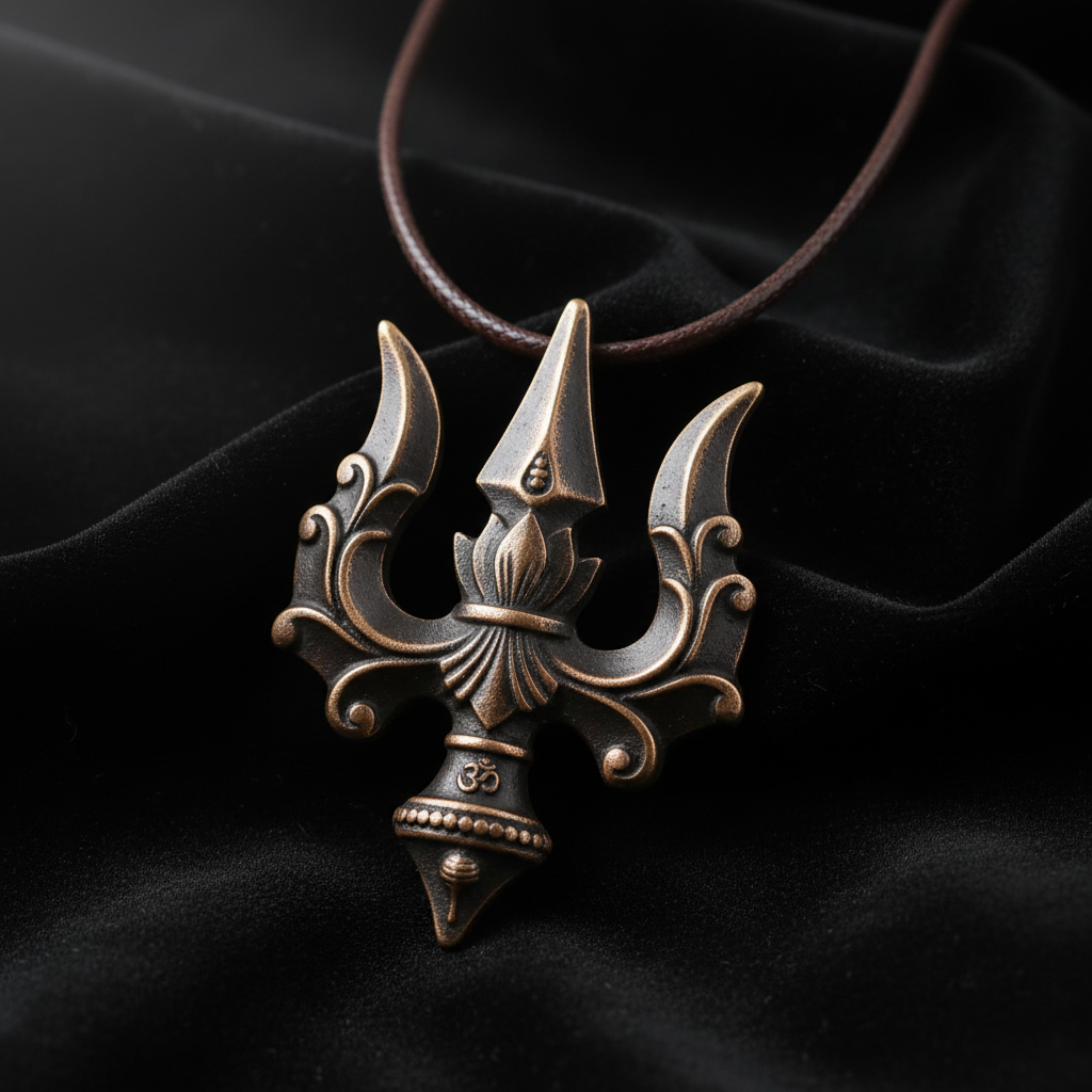 Temple bronze Trishul pendant with antique finish on dark fabric, Shiva devotional jewellery South India