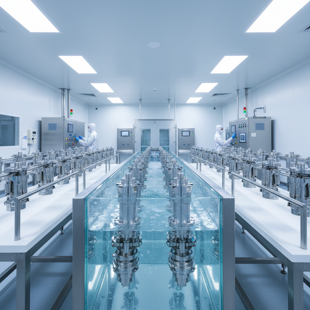 Clean room environment showing precision plating racks with aerospace connectors in rinse tank