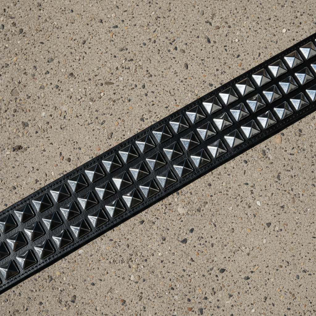 Studded black leather belt with chrome pyramid studs, laid flat on concrete