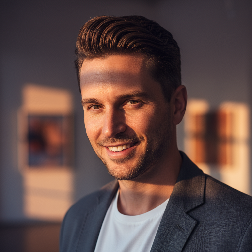 Man in tailored beige linen blazer, well-lit studio with soft shadows, professional look