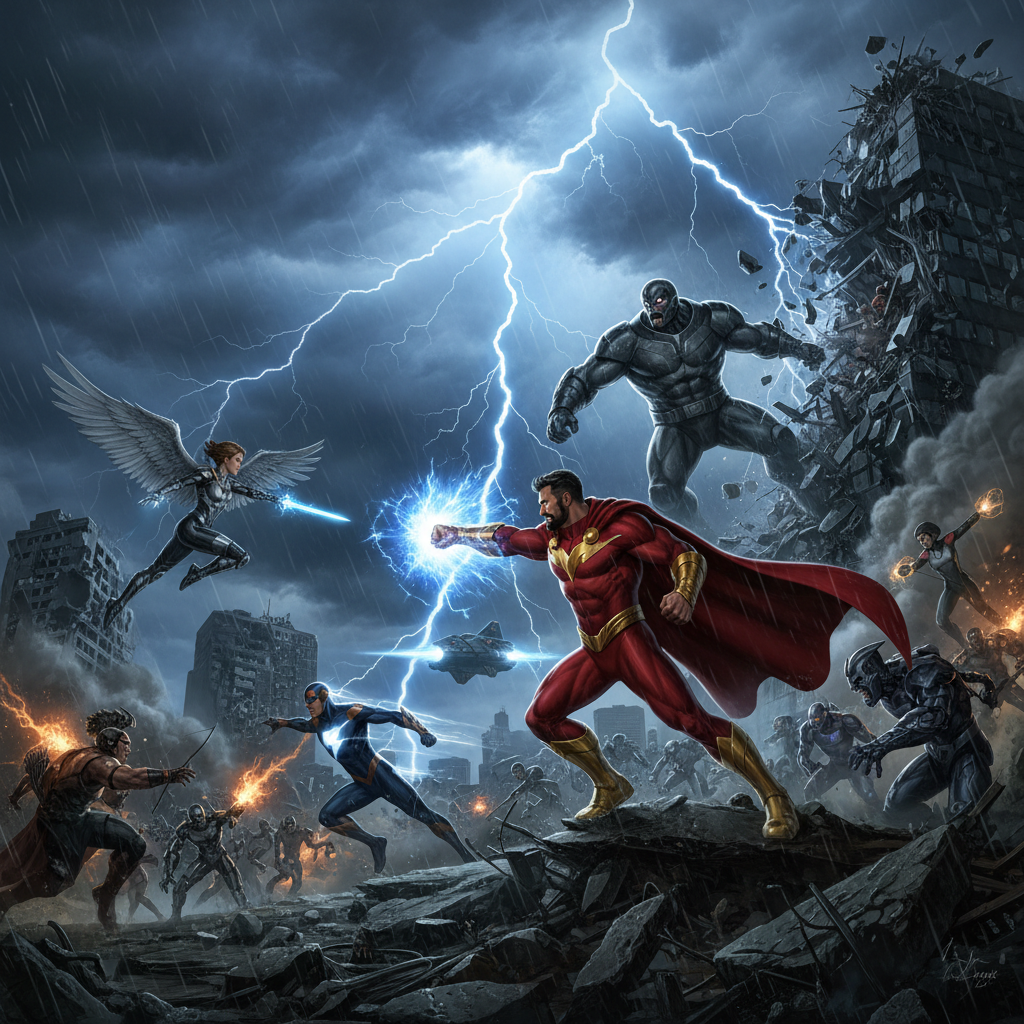 Superhero action movie scene with dramatic sky and multiple heroes assembled
