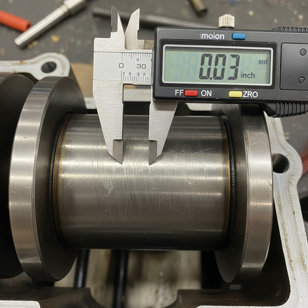 Crankshaft journal showing scoring damage measured with micrometer