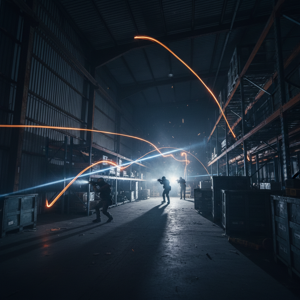 Night operation scene with flashlights and tracer effects in dark warehouse, dramatic light trails, high contrast