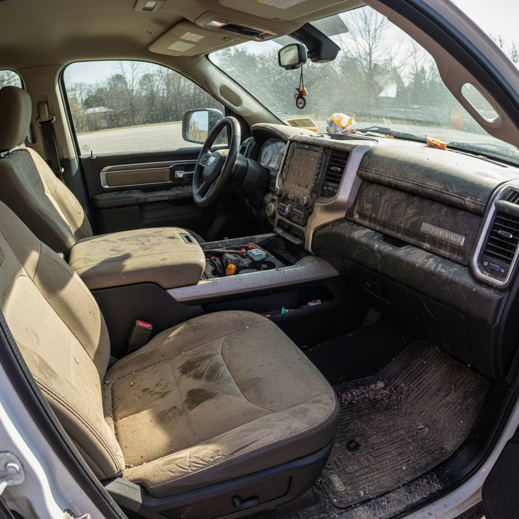 Truck interior with muddy floor mats, stained upholstery and cluttered seats before interior detail