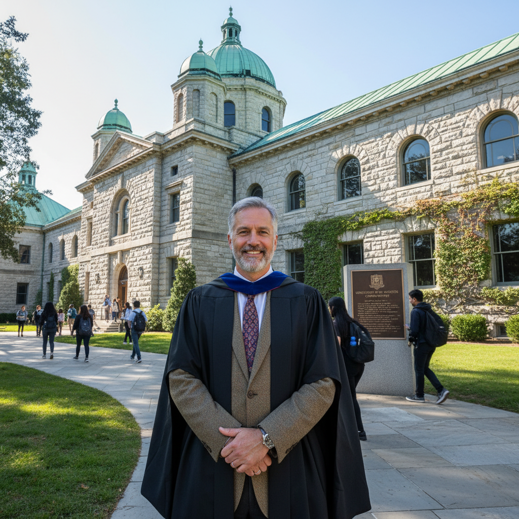 José Carlos na juventude, sorrindo em frente à universidade
