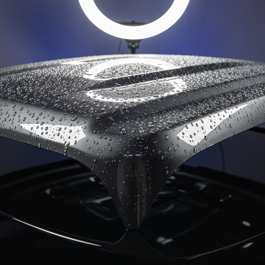 Water beading on a ceramic PPF wrapped hood, extreme hydrophobic effect visible
