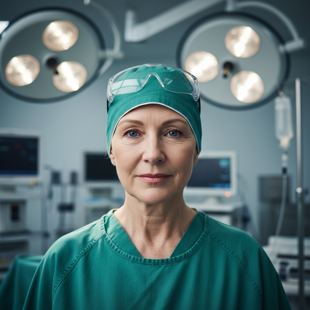 Female surgeon in professional attire with calm, confident expression in soft clinical light