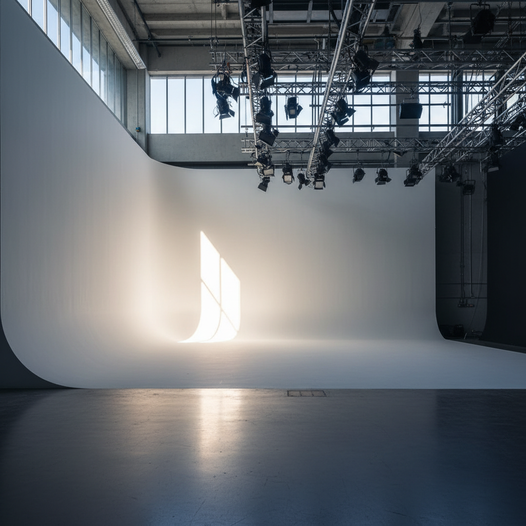 Stage studio entrance — natural light flooding across polished concrete floors with cyc wall curving into frame on the left and grip equipment silhouetted overhead