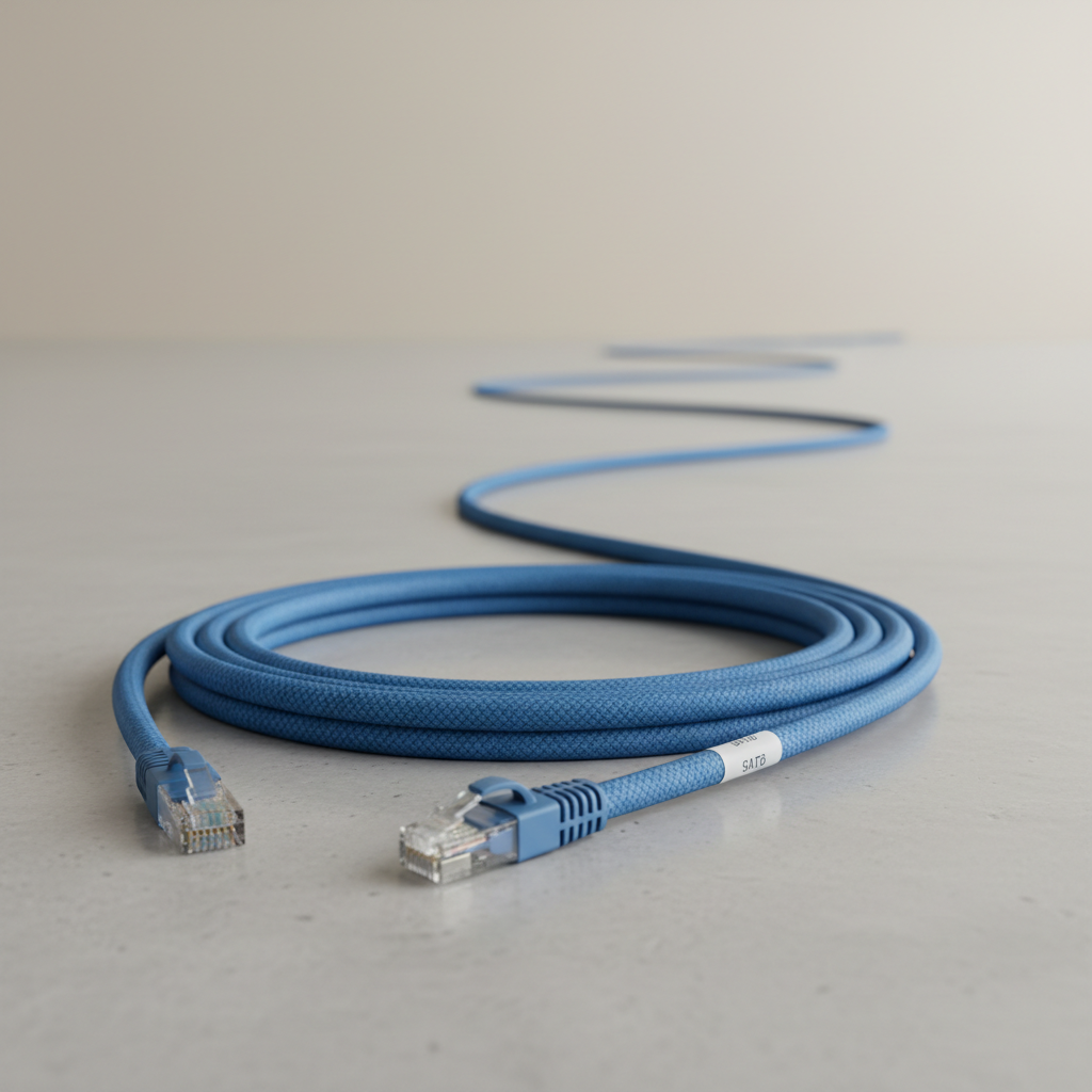 Blue ethernet network cable roll on white surface with clean background