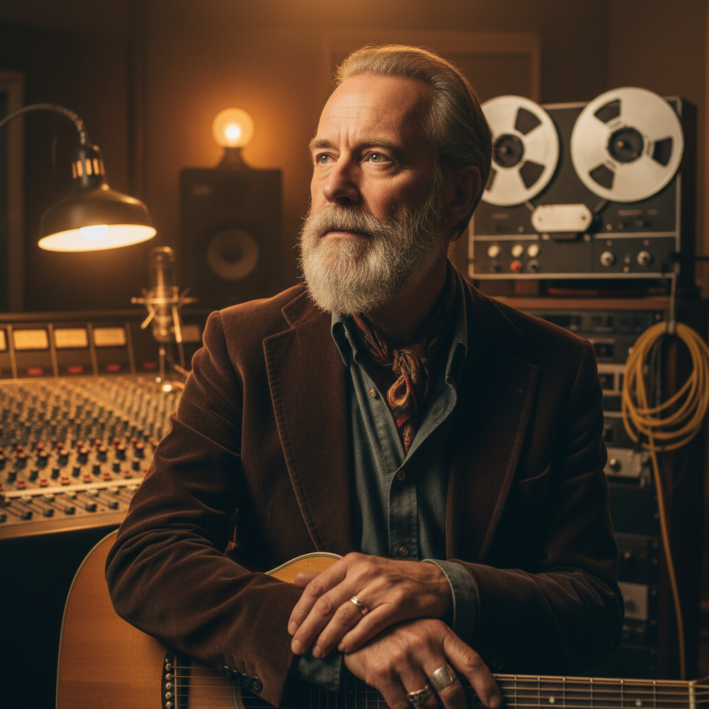 Artist portrait in recording studio, moody low-key lighting, dark background, professional studio equipment visible