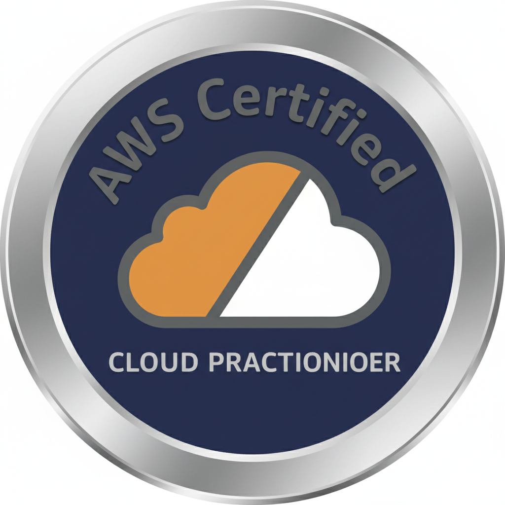 AWS certification badge with orange and white cloud logo on dark background
