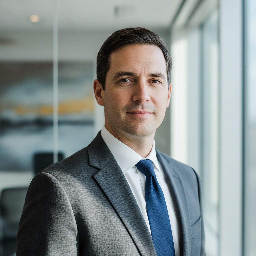 Man in suit, architectural background, composed expression