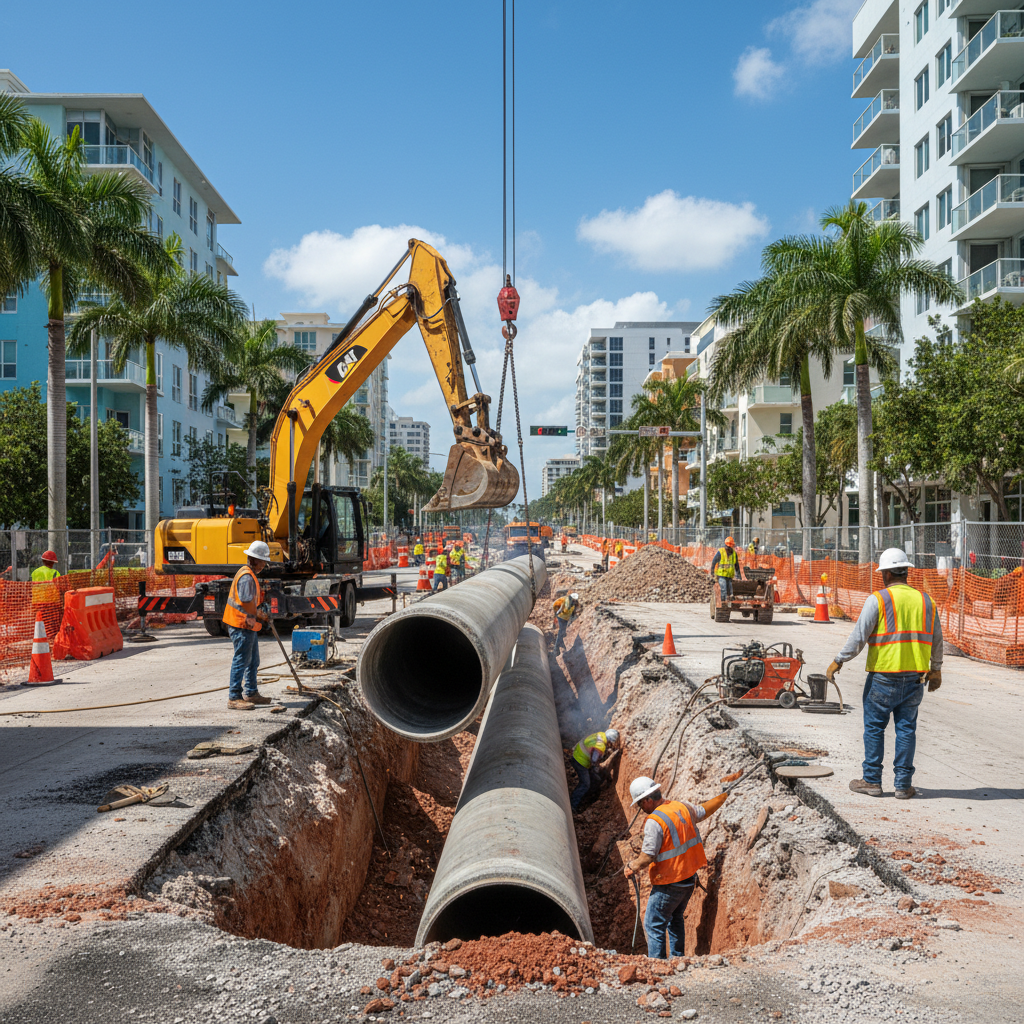 Civil construction workers laying pipes in an open trench on a road project, daytime