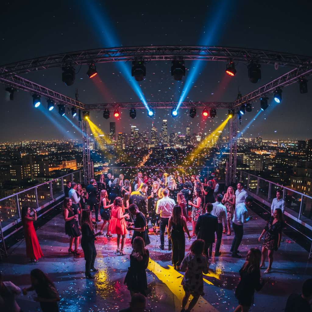 Rooftop party with colorful lights and crowd dancing at night