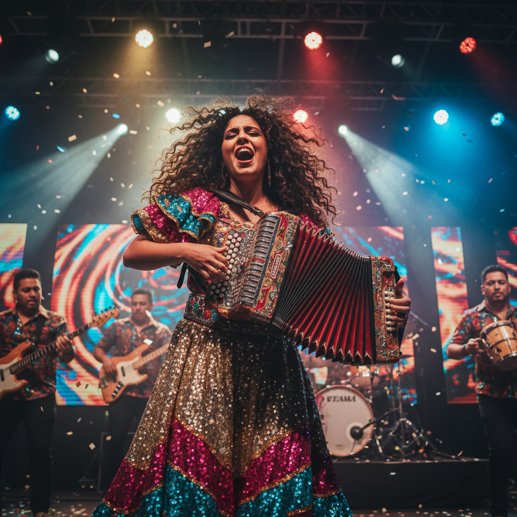 Marisol Reyes, cumbia bandleader, mid-performance in dramatic stage lighting