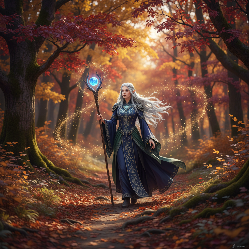 Silver-haired elf mage walking through a sunlit ancient forest with magical floating particles