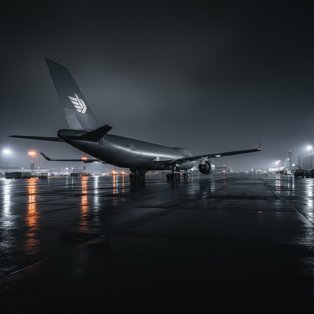 Commercial jet aircraft approaching runway, dim overcast sky, industrial airport atmosphere, low-key lighting