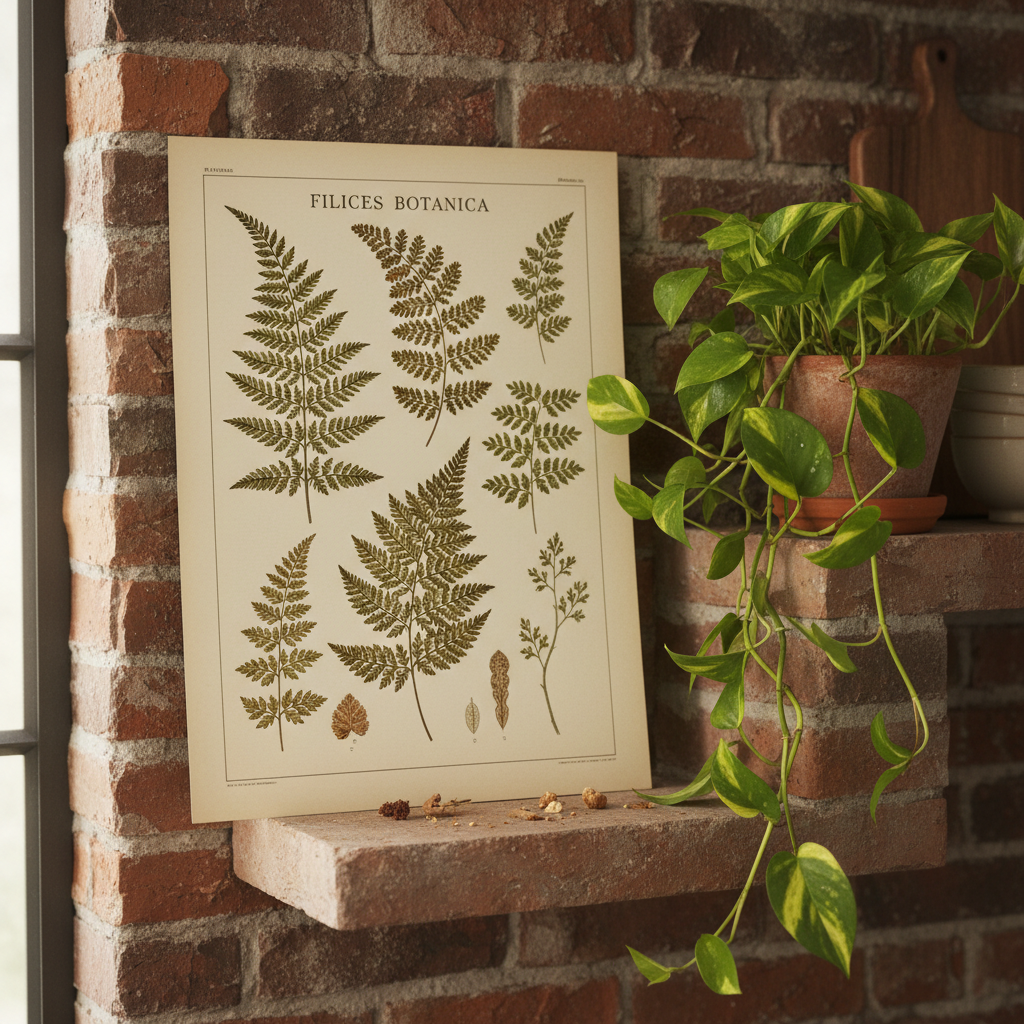 Botanical print leaned against exposed brick kitchen shelf next to trailing pothos plant