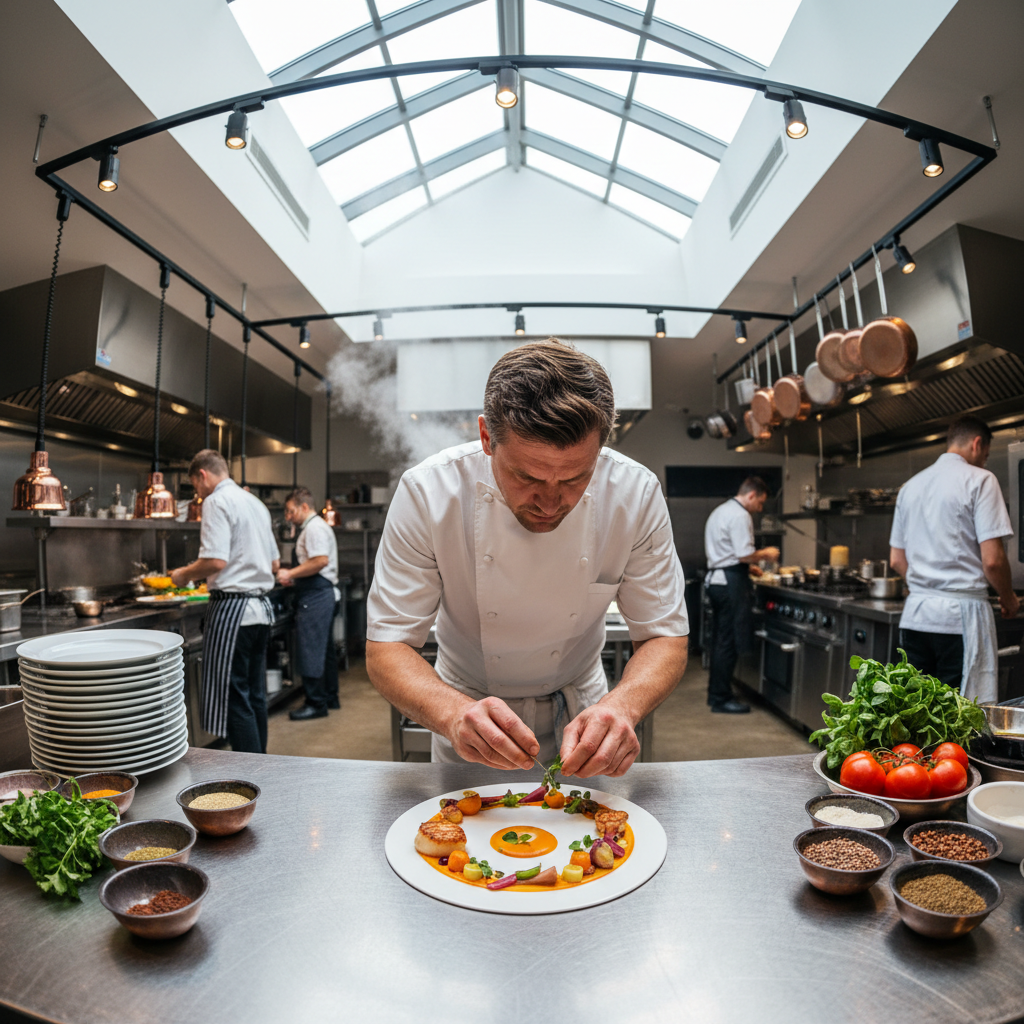 Chef plating a dish in the open kitchen at Ember and Oak