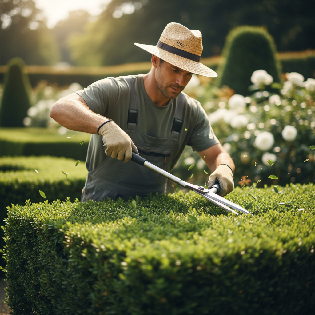 Garden hedge trimming service, worker with shears, neat green bushes, residential property