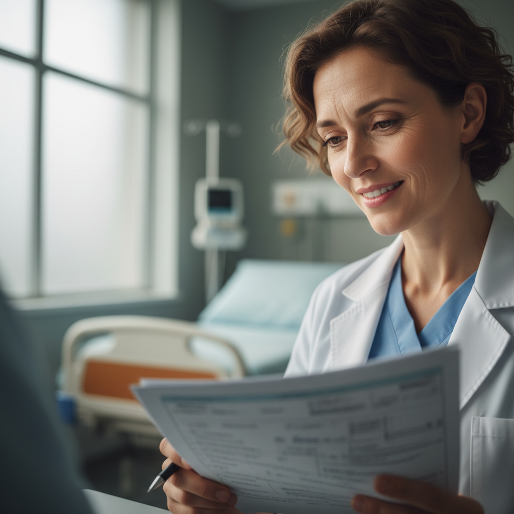 Doctor reviewing patient chart with warm attentive expression