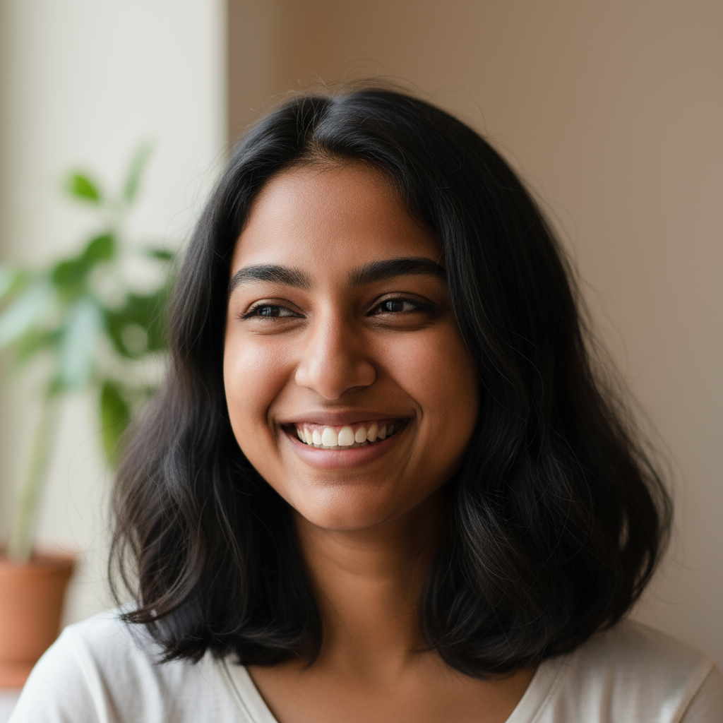 South Asian woman with warm smile, professional headshot with soft lighting