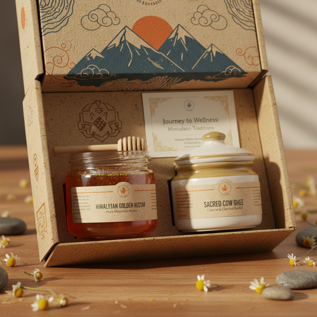 Ayurvedic wellness products including oils and herbs in branded gift box on white