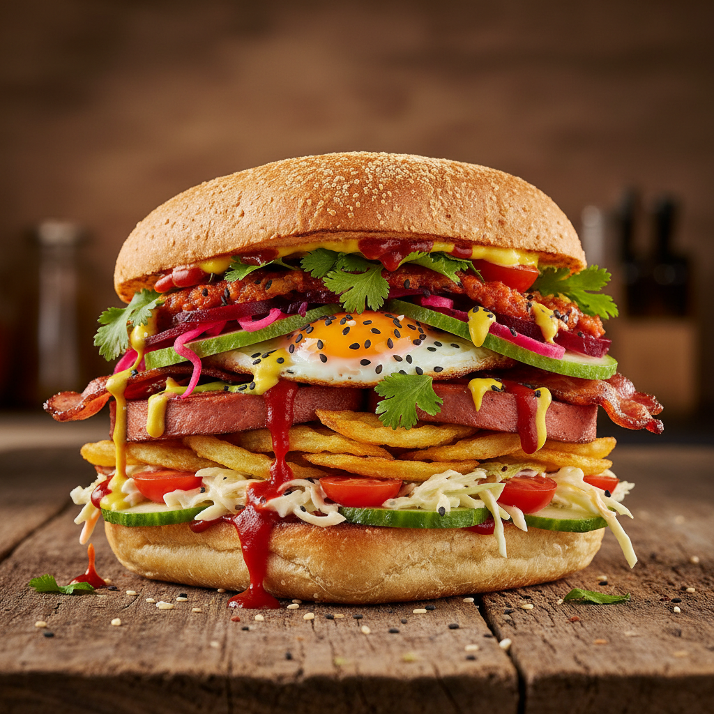 Loaded kota burger overfilled with multiple toppings on rustic surface