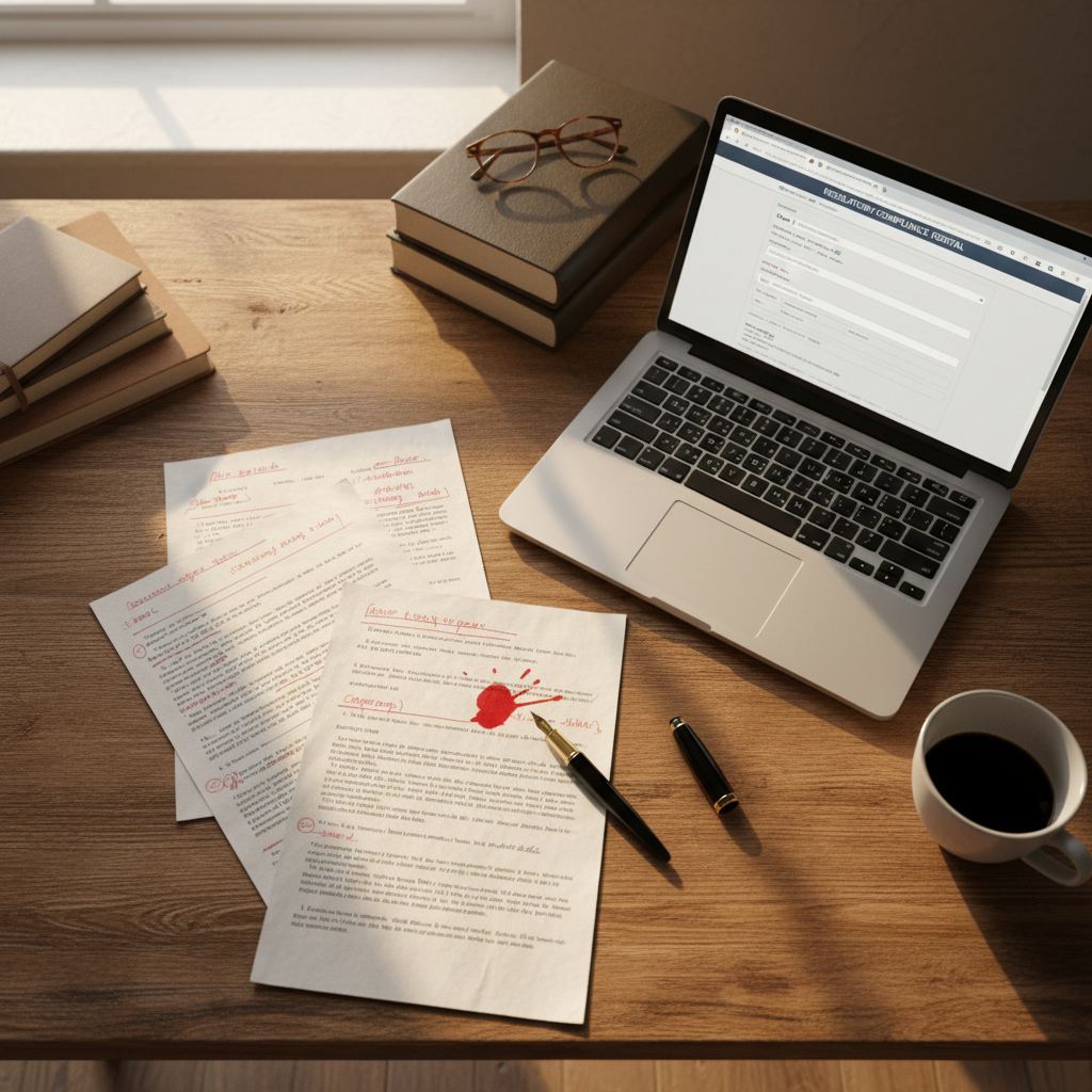Overhead view of an oak desk with redlined legal documents, an uncapped fountain pen, and a laptop open to a regulatory portal, morning light raking across the surface catching the edge of a coffee cup