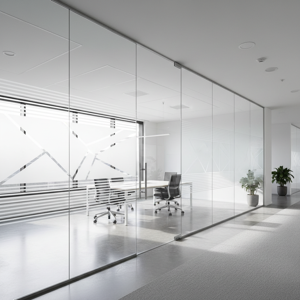 Frameless glass office wall with integrated door and manifestation graphics