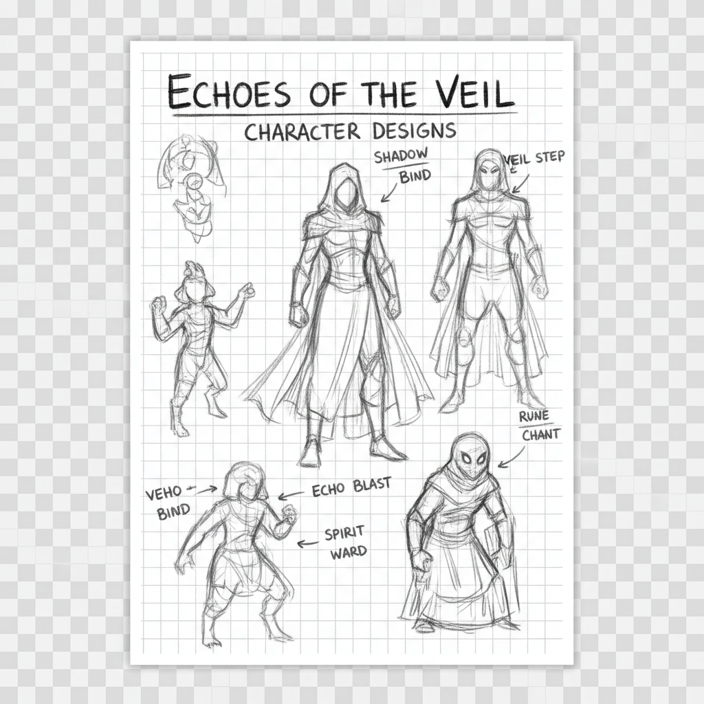 Hand-drawn character design sheets for Echoes of the Veil showing character silhouettes and ability annotations in pencil on graph paper