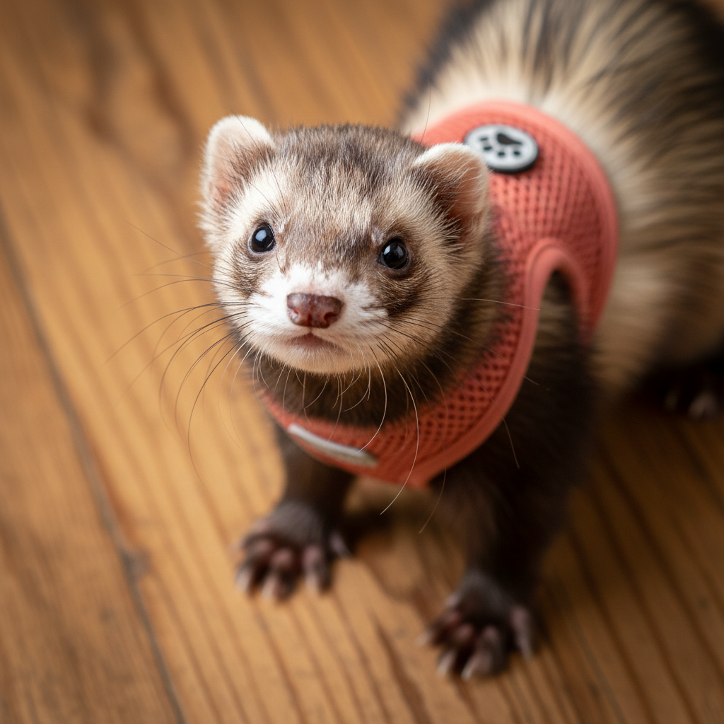 Small ferret wearing a coral harness on a wooden floor, looking up at camera