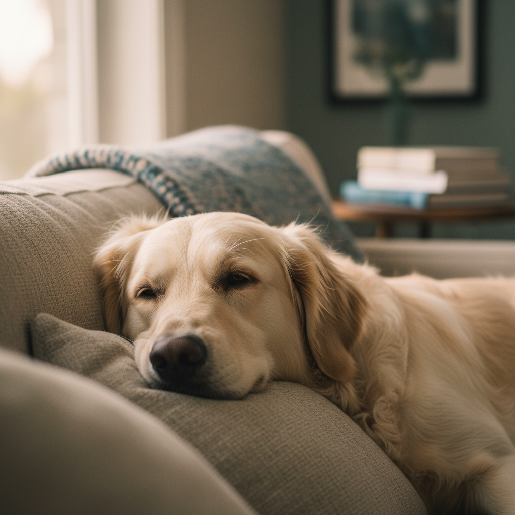 Maple the cream golden retriever lying on a couch looking peaceful