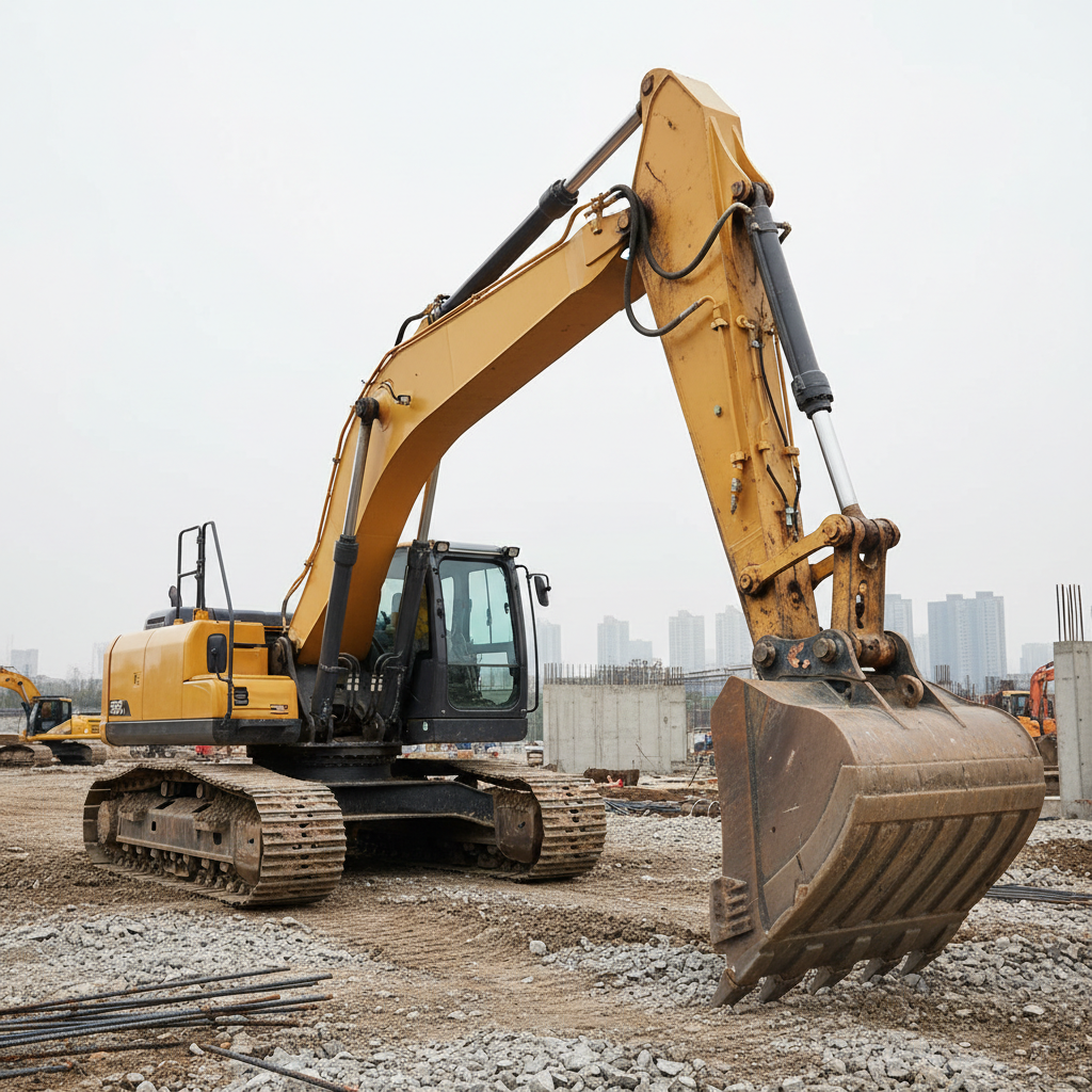 Large yellow hydraulic excavator with extended boom arm on a dirt construction site, overcast sky